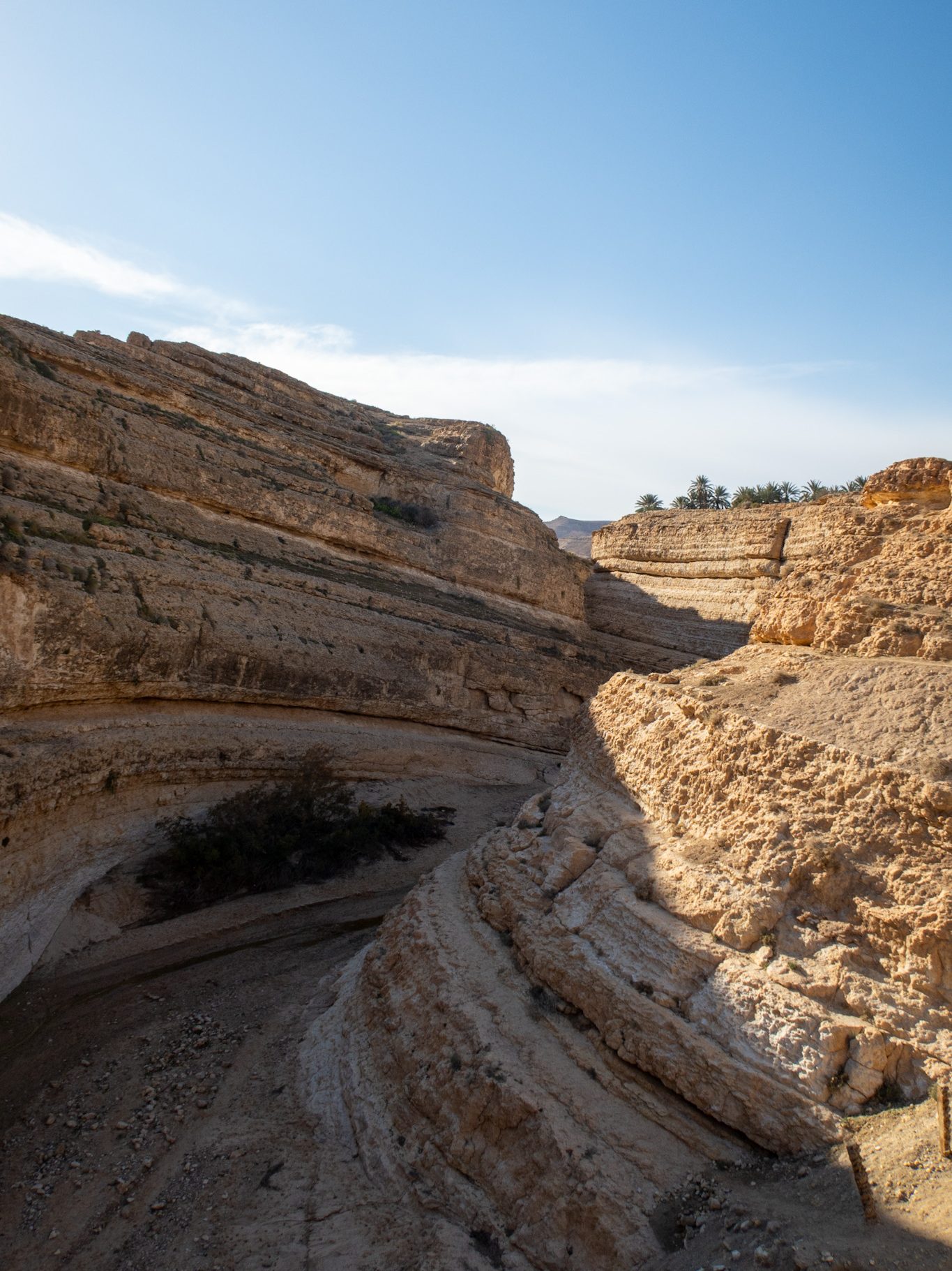 Mines Canyon, a rocky canyon in Tunisia with layered cliffs under a clear blue sky.